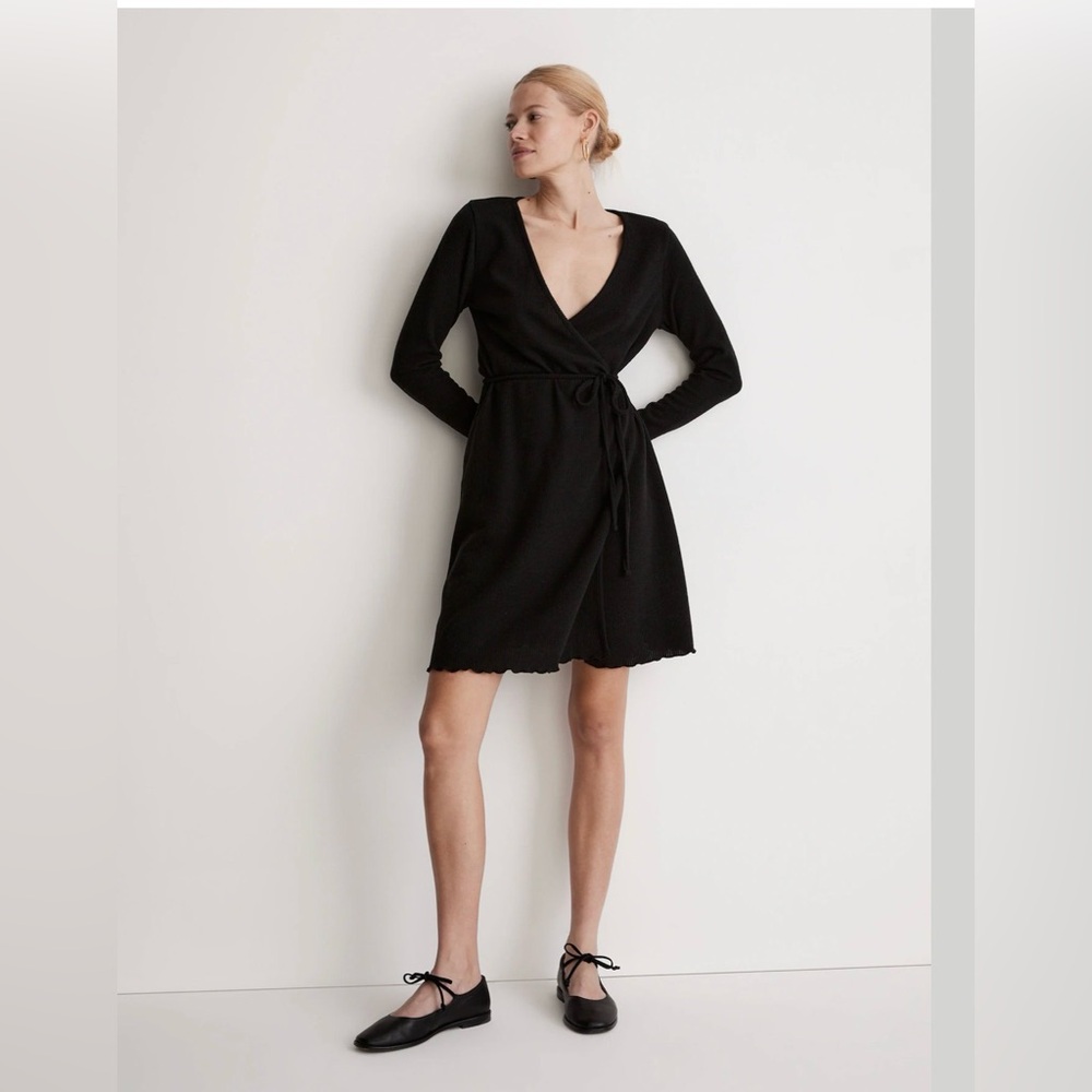 Madewell Ribbed Knit Wrap Mini Dress Black Long Sleeve Size L NWT